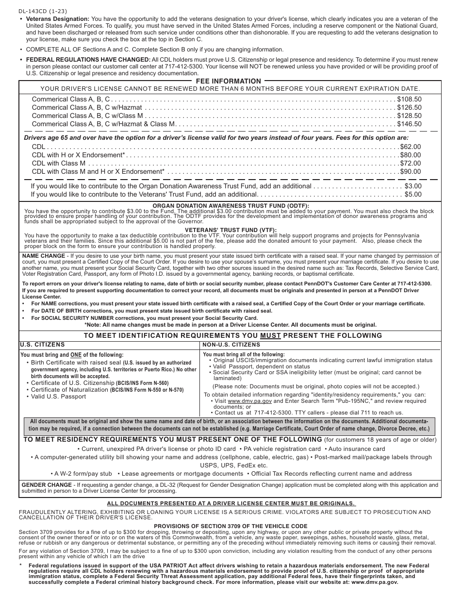 Form DL-143CD Application for Renewal of Commercial Drivers License - Pennsylvania, Page 2