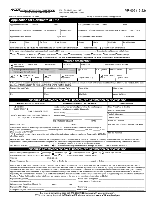 Form VR-005  Printable Pdf