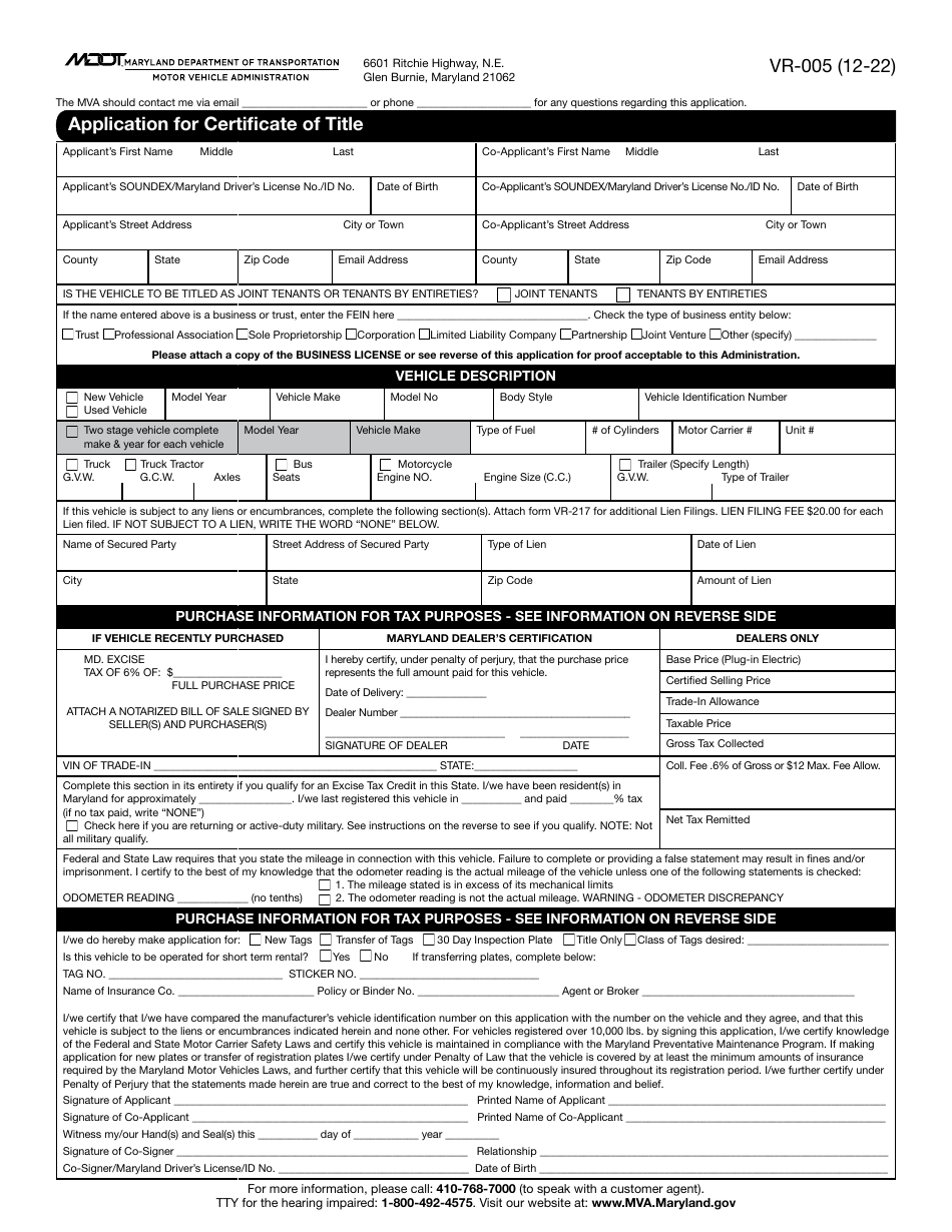 Form VR-005 Application for Certificate of Title - Maryland, Page 1