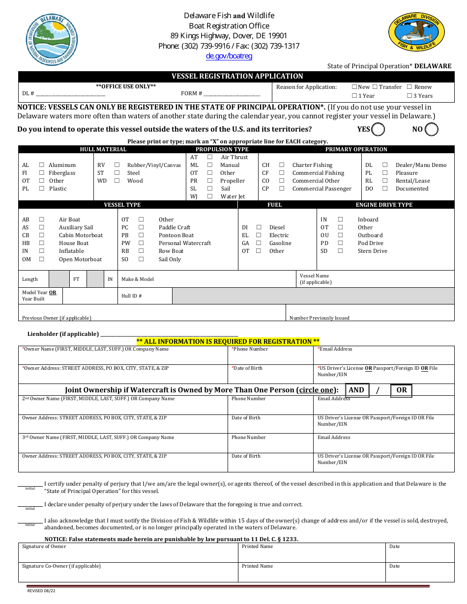 Boat Registration Application - Delaware, Page 1