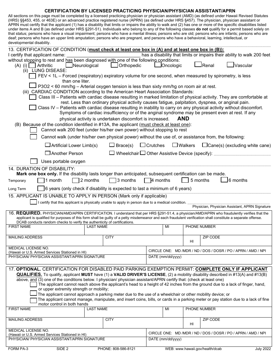 Form PA-3 Disability Parking Permit Application - Hawaii, Page 4