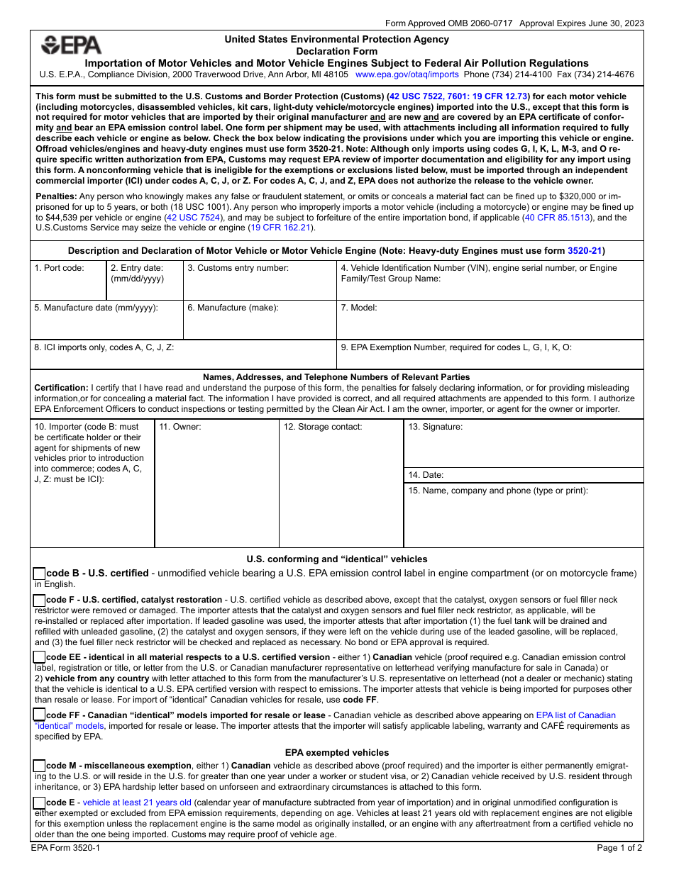 EPA Form 3520-1 Declaration Form - Importation of Motor Vehicles and Motor Vehicle Engines Subject to Federal Air Pollution Standards, Page 1