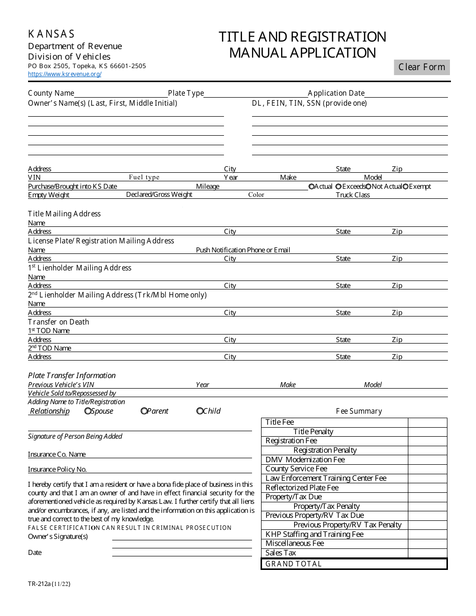 Form TR-212A Title and Registration Manual Application - Kansas, Page 1