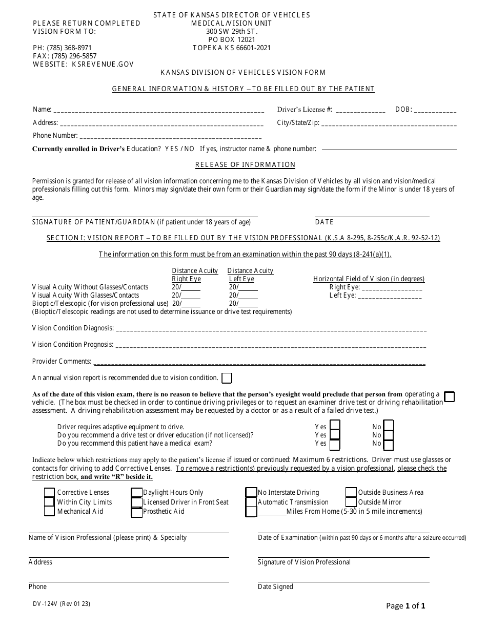 Form DV-124V Vision Form - Kansas, Page 1