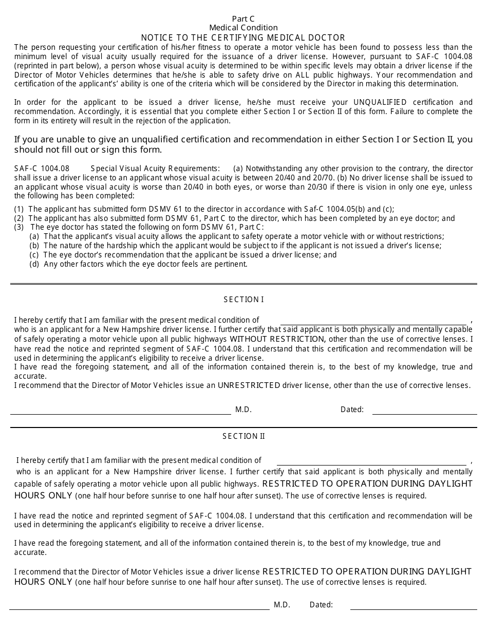 Form DSMV61 Eye Examination - New Hampshire, Page 2