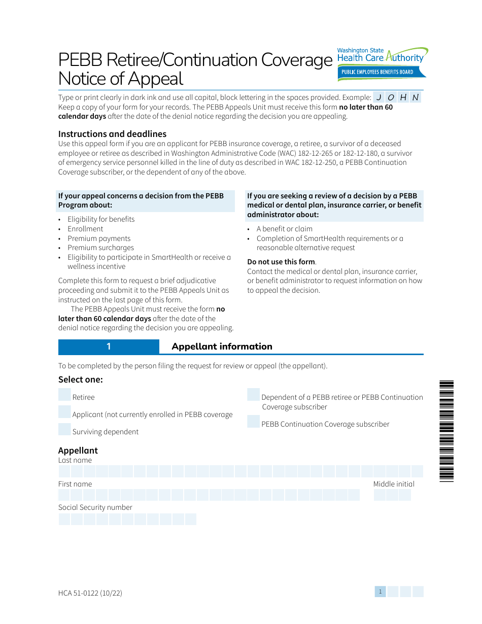 Form HCA51-0122 Pebb Retiree / Continuation Coverage Notice of Appeal - Washington, Page 1