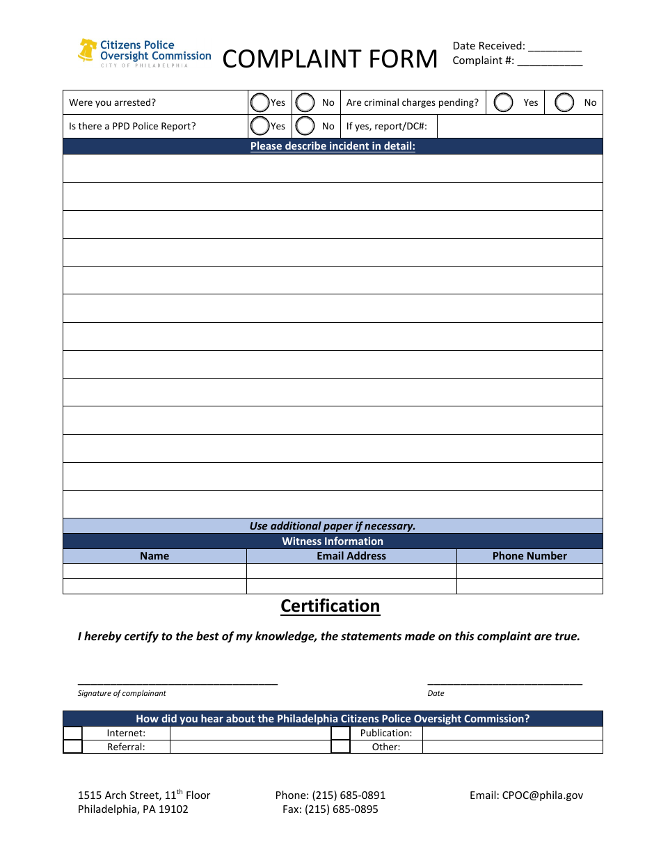 Complaint Form - City of Philadelphia, Pennsylvania, Page 2