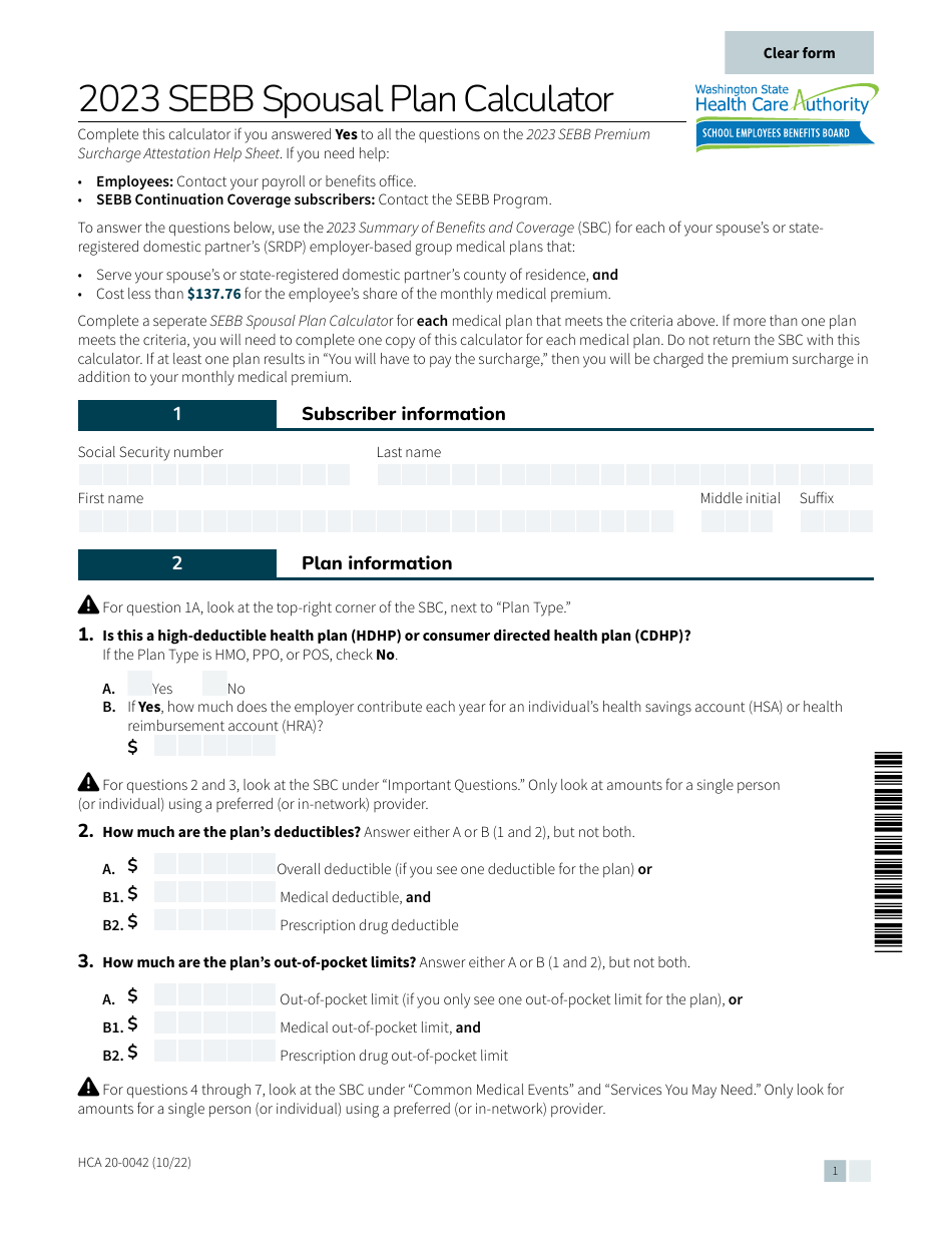 Form HCA20-0042 Sebb Spousal Plan Calculator - Washington, Page 1