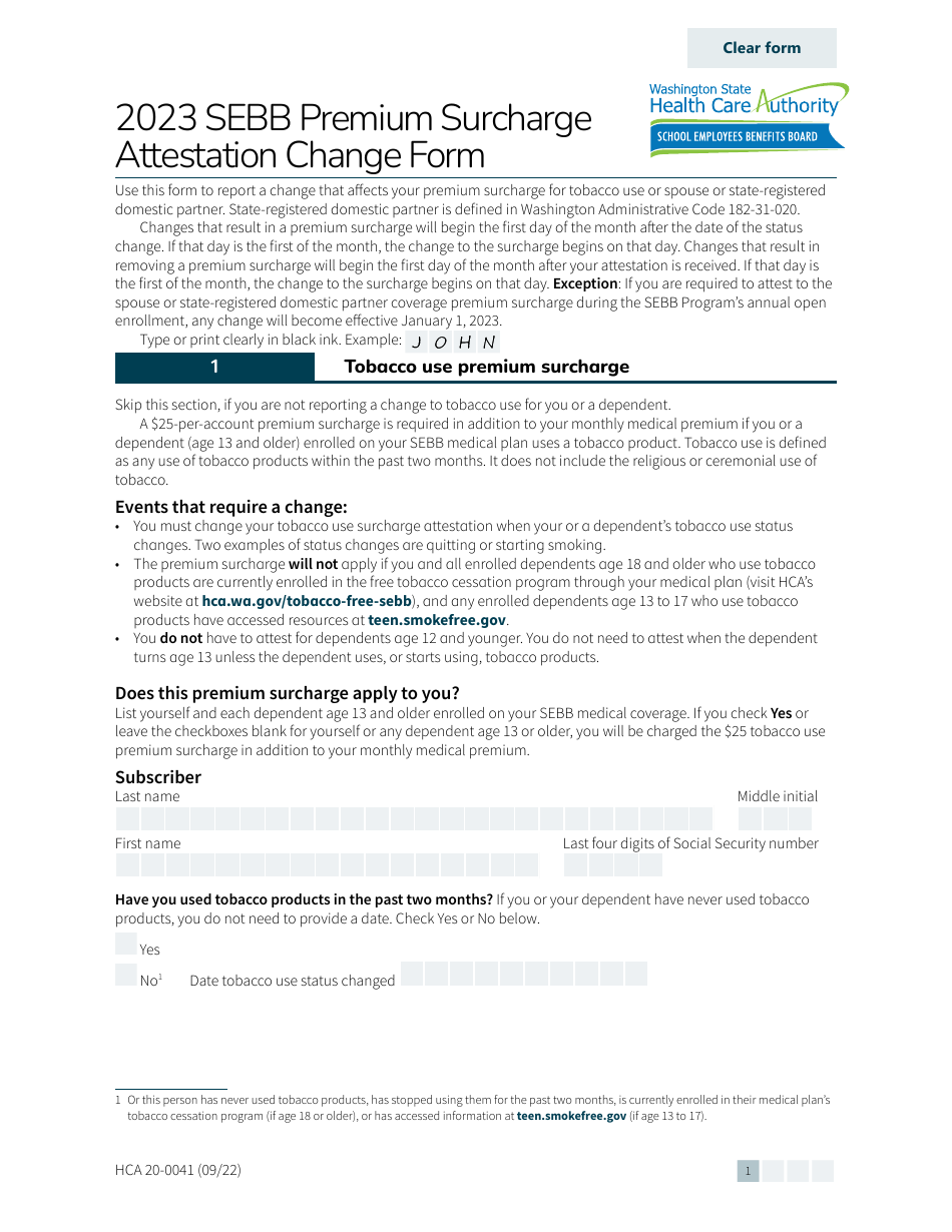 Form HCA20-0041 Sebb Premium Surcharge Attestation Change Form - Washington, Page 1