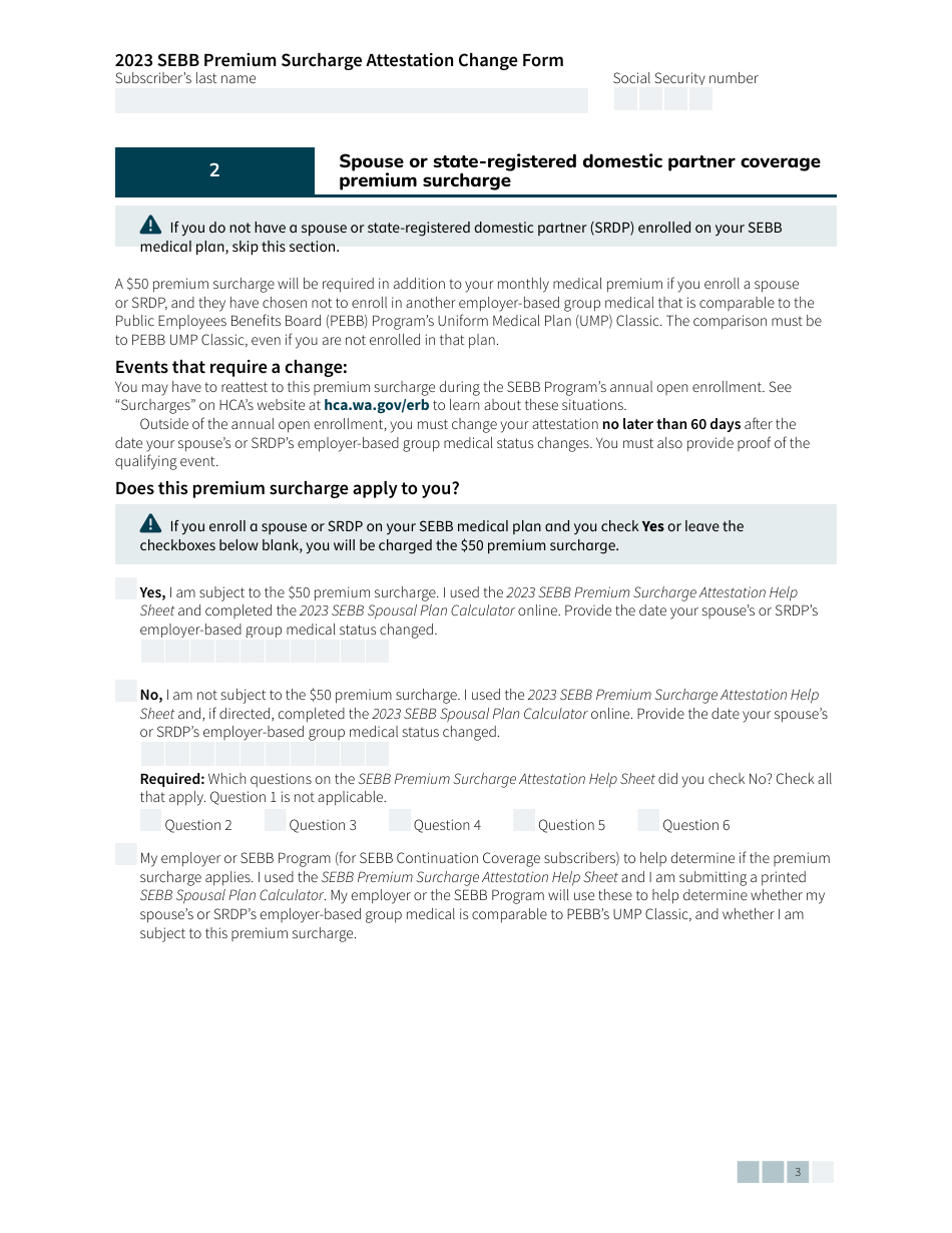Form HCA20-0041 Sebb Premium Surcharge Attestation Change Form - Washington, Page 3