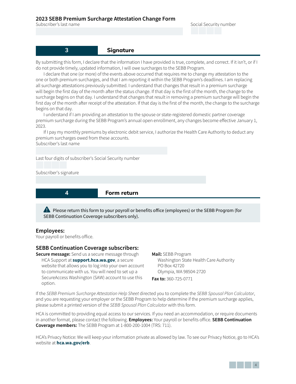 Form HCA20-0041 Sebb Premium Surcharge Attestation Change Form - Washington, Page 4