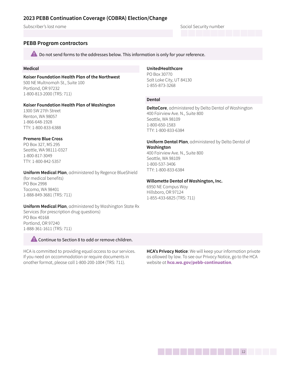 Form HCA50-0136 Pebb Continuation Coverage (Cobra) Election / Change - Washington, Page 12