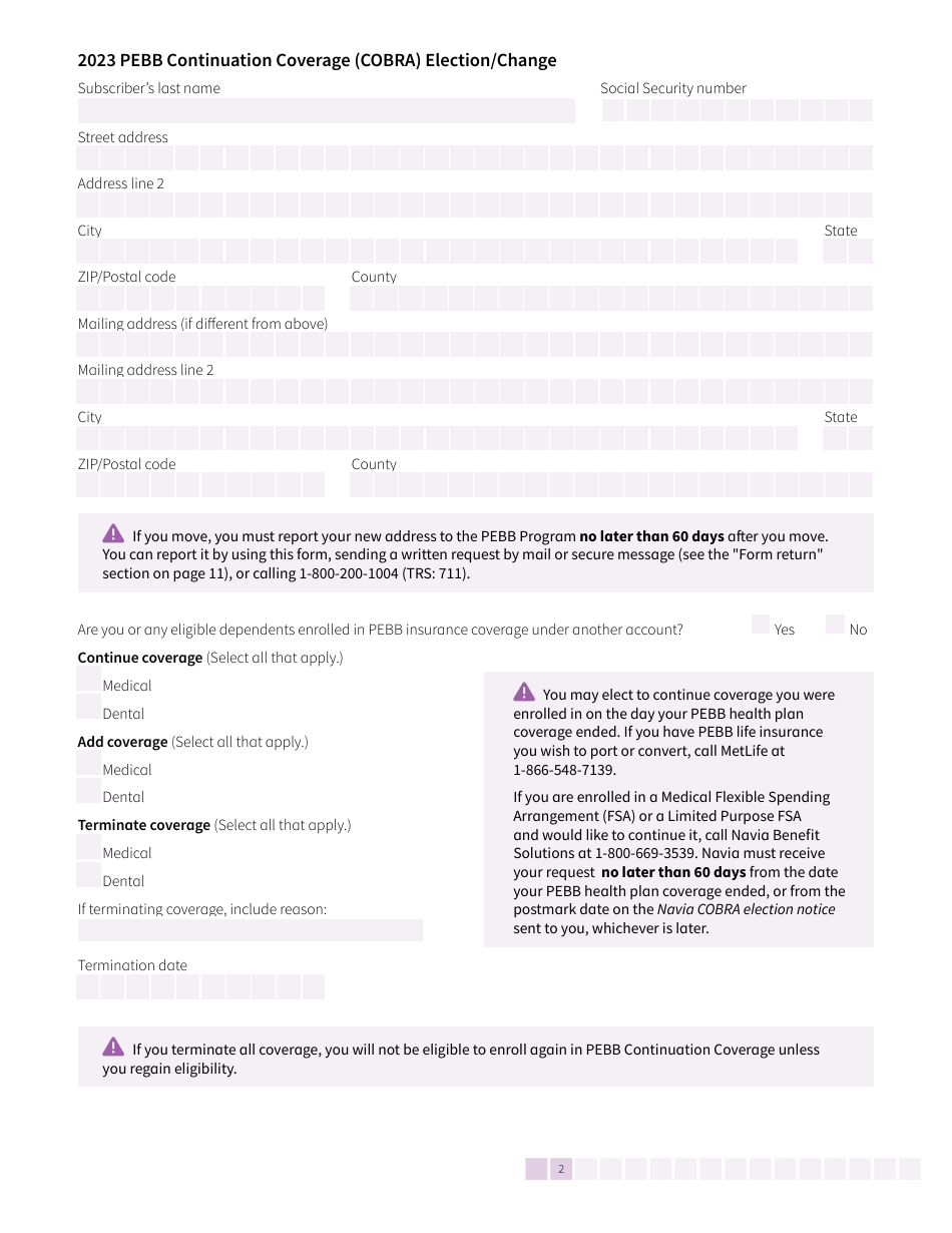 Form HCA50-0136 Pebb Continuation Coverage (Cobra) Election / Change - Washington, Page 2