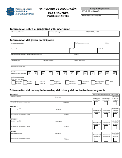 Formulario De Inscripcion Para Jovenes Participantes - City of Philadelphia, Pennsylvania (Spanish) Download Pdf