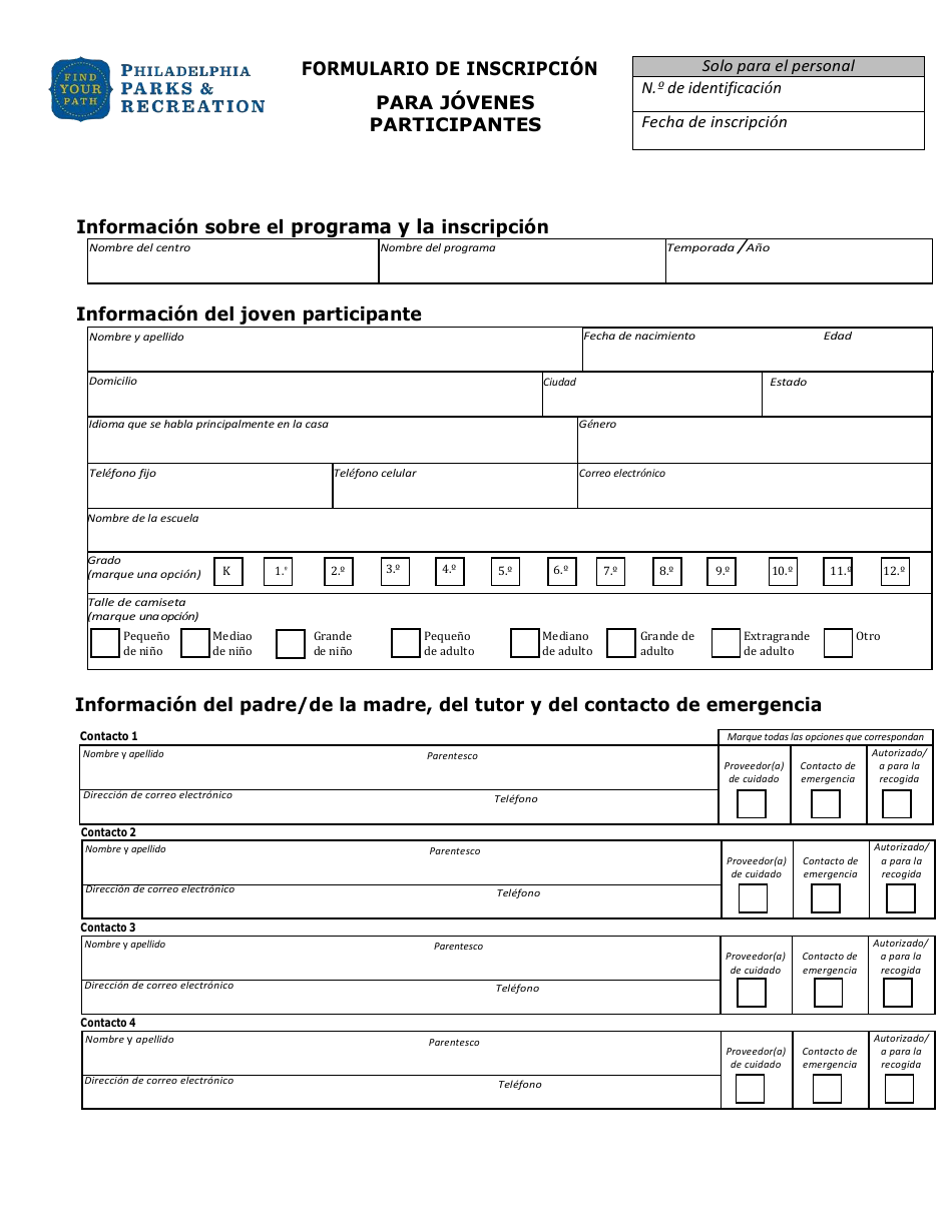Formulario De Inscripcion Para Jovenes Participantes - City of Philadelphia, Pennsylvania (Spanish), Page 1