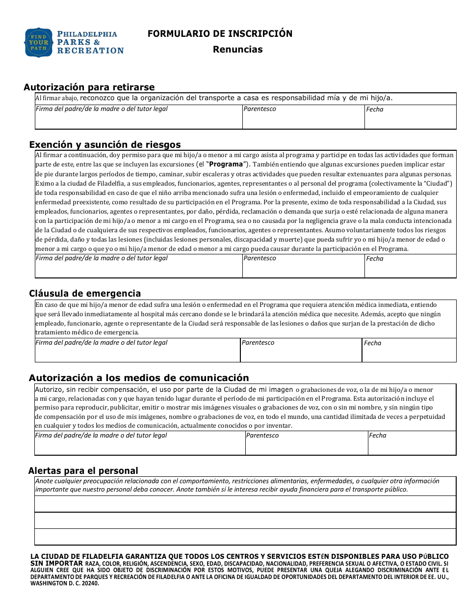 Formulario De Inscripcion Para Jovenes Participantes - City of Philadelphia, Pennsylvania (Spanish), Page 2