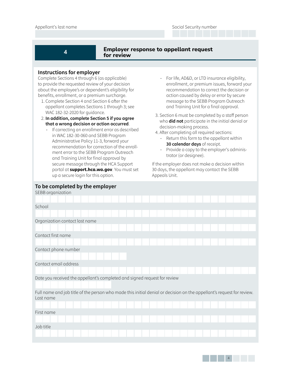 Form HCA20-0161 Sebb Employee Request for Review / Notice of Appeal - Washington, Page 4