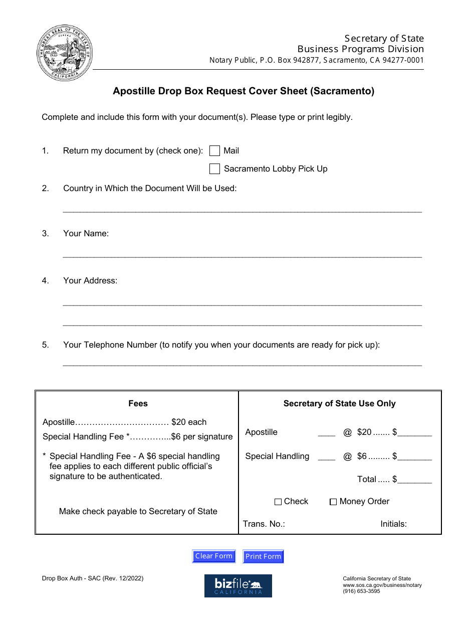Apostille Drop Box Request Cover Sheet (Sacramento) - California, Page 1