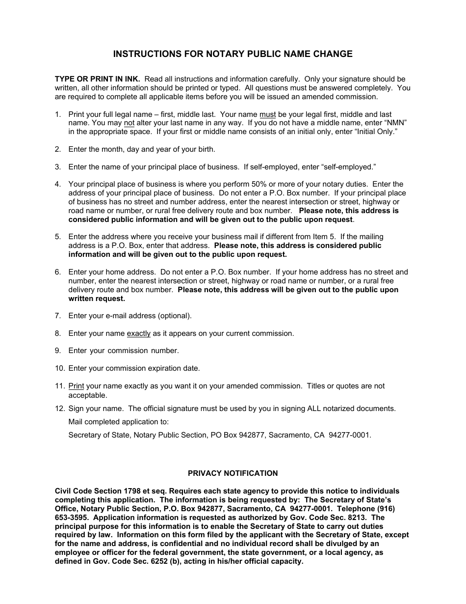 Form S0S / NP33 Notary Public Name Change - California, Page 1