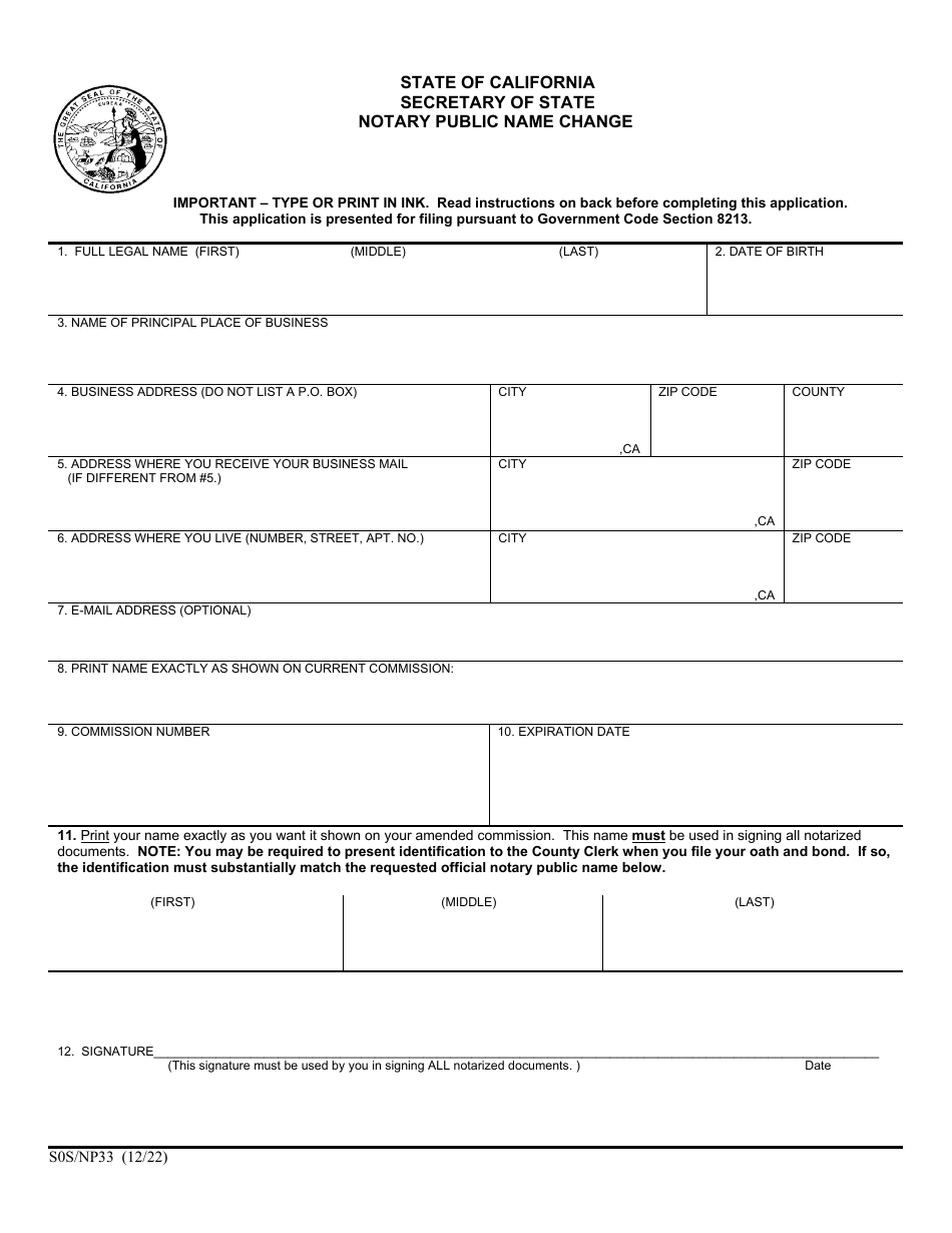 Form S0S / NP33 Notary Public Name Change - California, Page 2