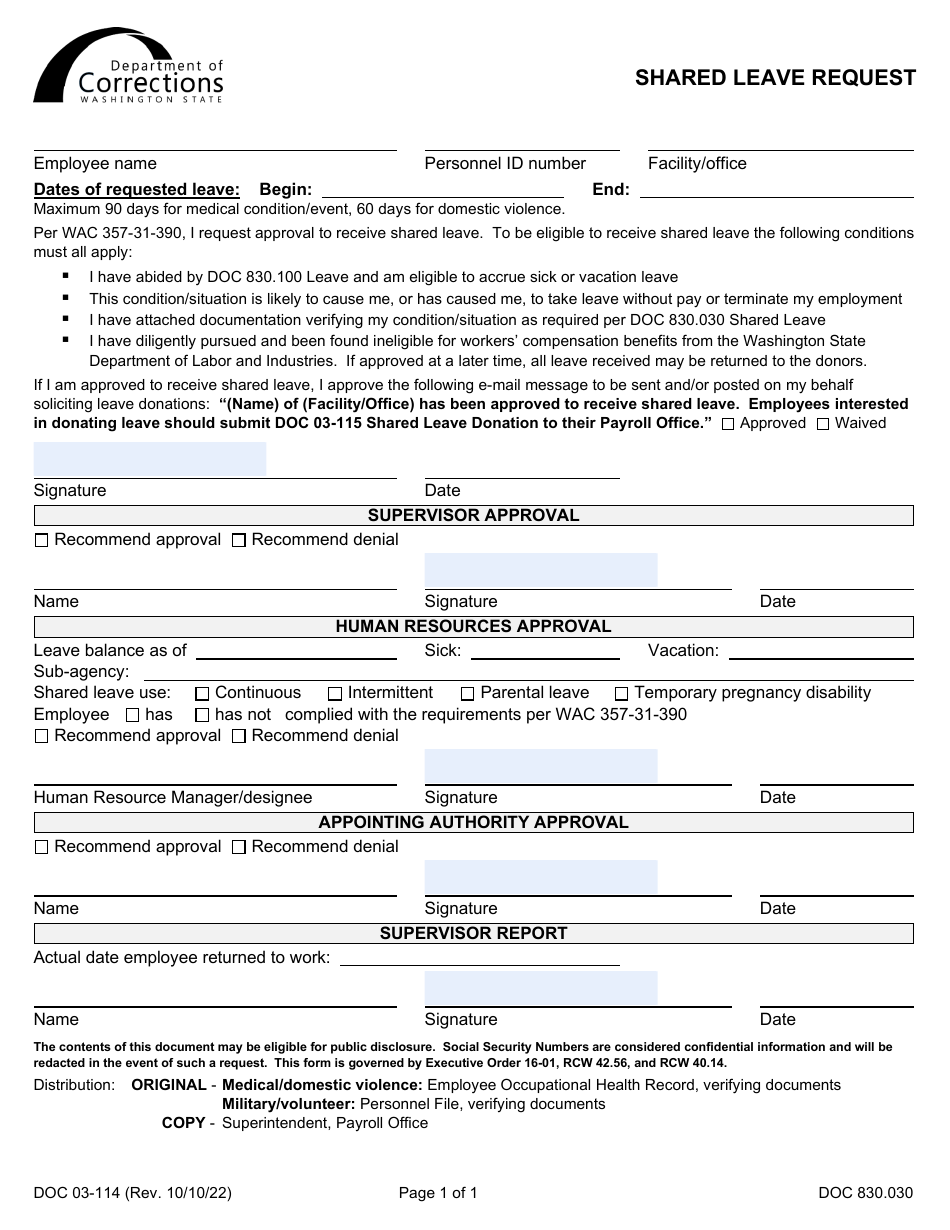 Form DOC03-114 Shared Leave Request - Washington, Page 1