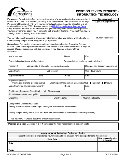 Form DOC03-417IT Position Review Request - Information Technology - Washington