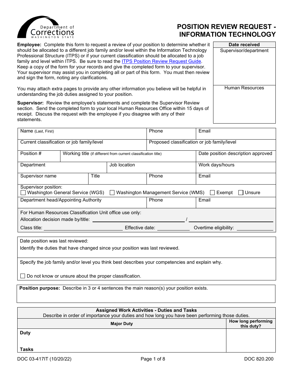 Form DOC03-417IT Position Review Request - Information Technology - Washington, Page 1