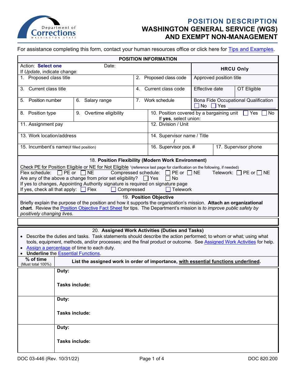 Form DOC03-446 Position Description - Washington General Service (Wgs) and Exempt Non-management - Washington, Page 1