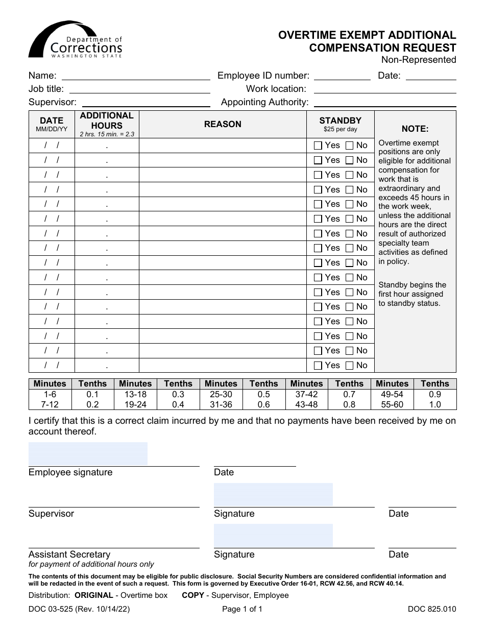 Form DOC03-525 Overtime Exempt Additional Compensation Request - Washington, Page 1