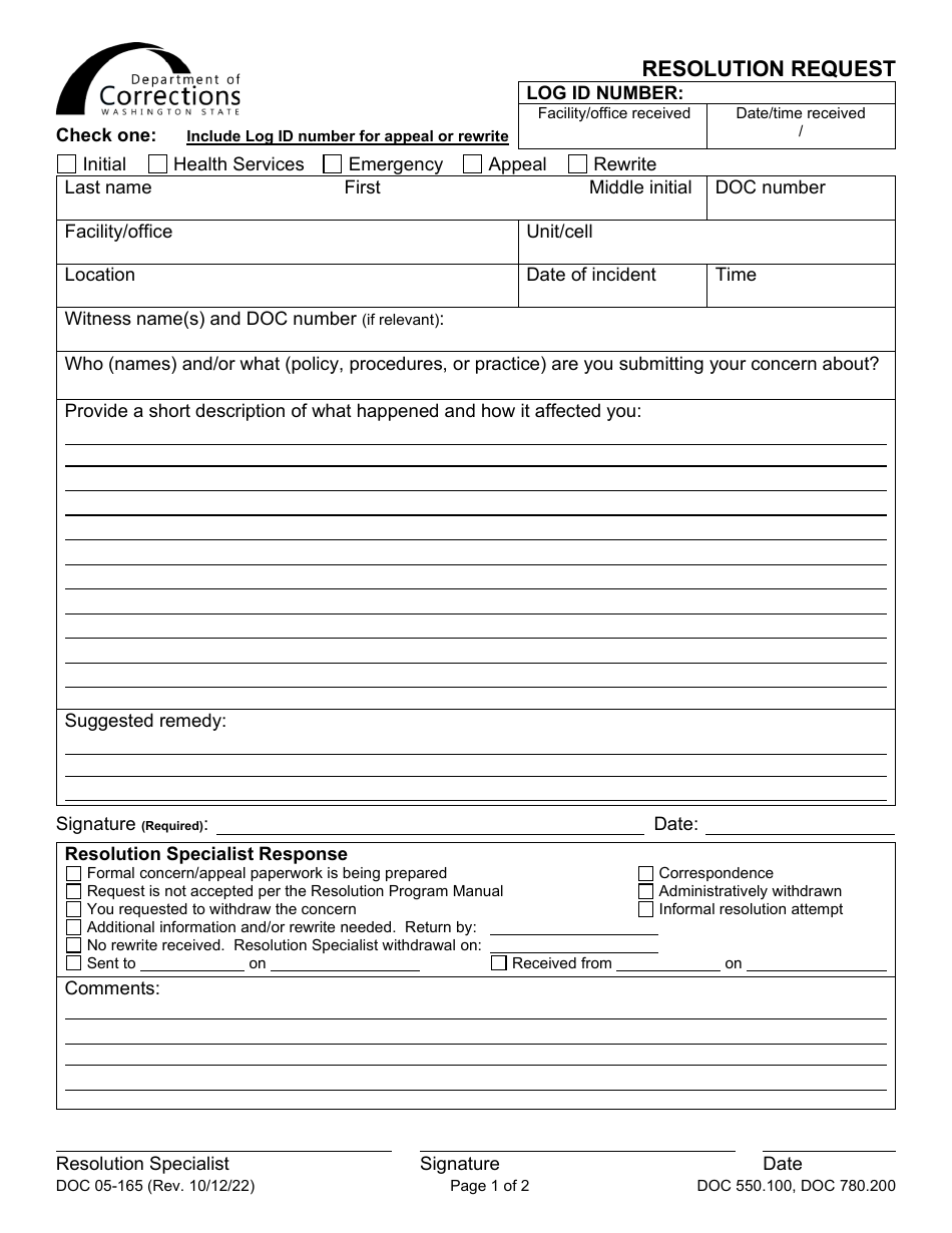 Form DOC05-165 Resolution Request - Washington, Page 1