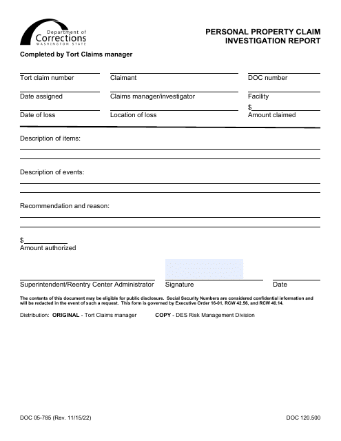 Form DOC05-785 Personal Property Claim Investigation Report - Washington