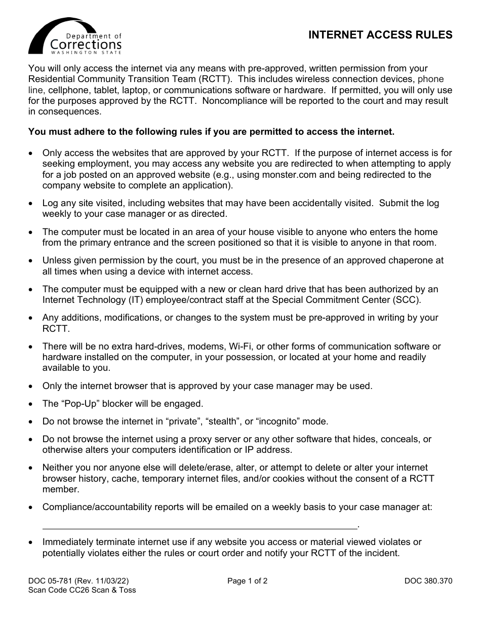 Form DOC05-781 Internet Access Rules - Washington, Page 1