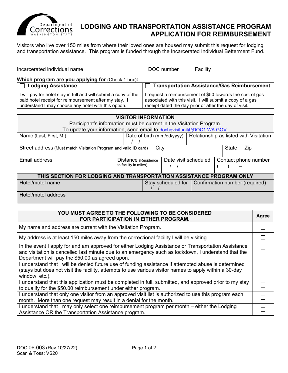 Form DOC06-003 Application for Reimbursement - Lodging and Transportation Assistance Program - Washington, Page 1