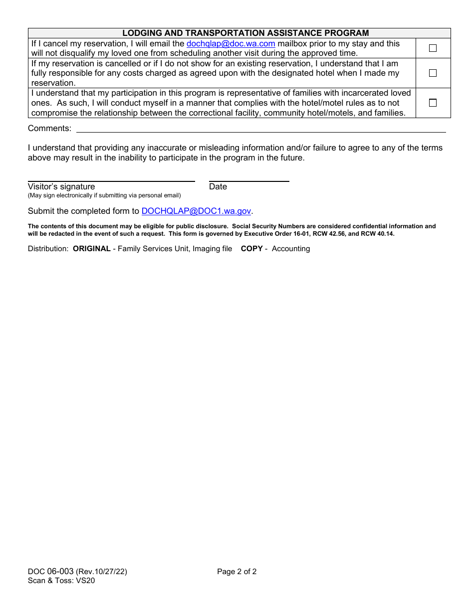 Form DOC06-003 Application for Reimbursement - Lodging and Transportation Assistance Program - Washington, Page 2