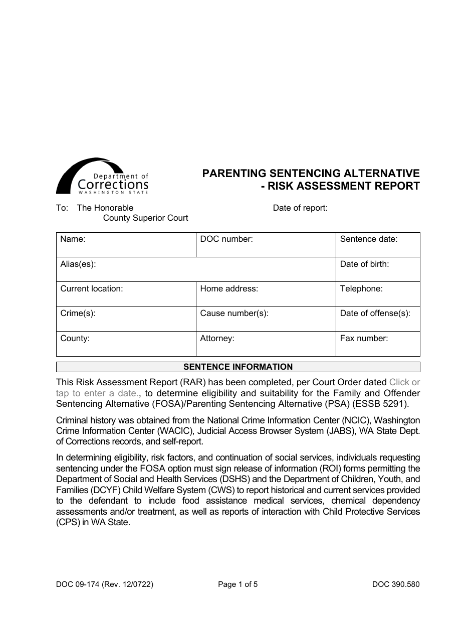 Form DOC09-174 Parenting Sentencing Alternative - Risk Assessment Report - Washington, Page 1