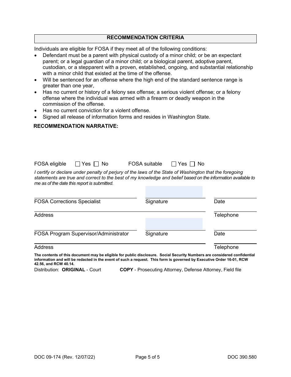 Form DOC09-174 Parenting Sentencing Alternative - Risk Assessment Report - Washington, Page 5