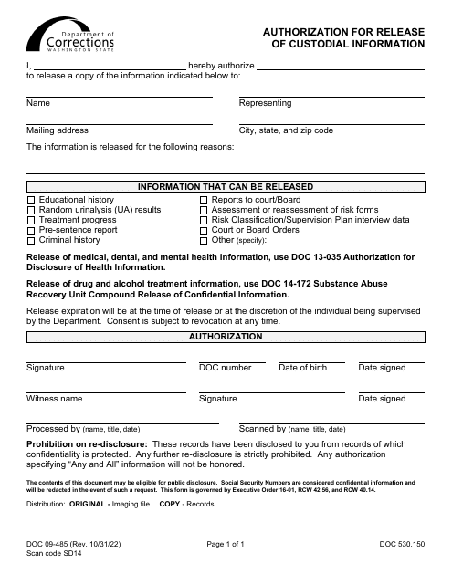 Form DOC09-485 Authorization for Release of Custodial Information - Washington