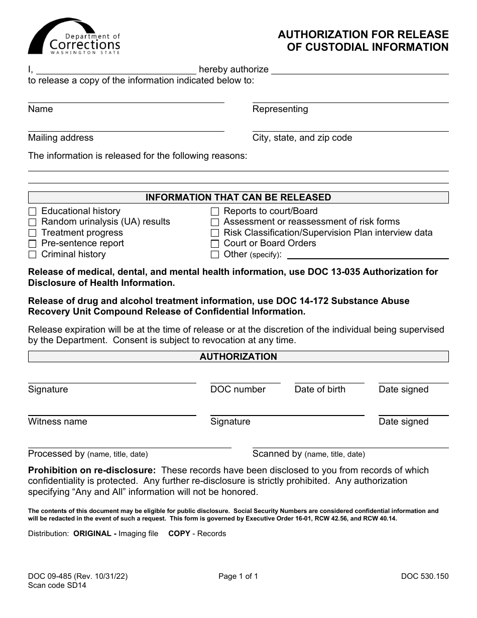 Form DOC09-485 Authorization for Release of Custodial Information - Washington, Page 1