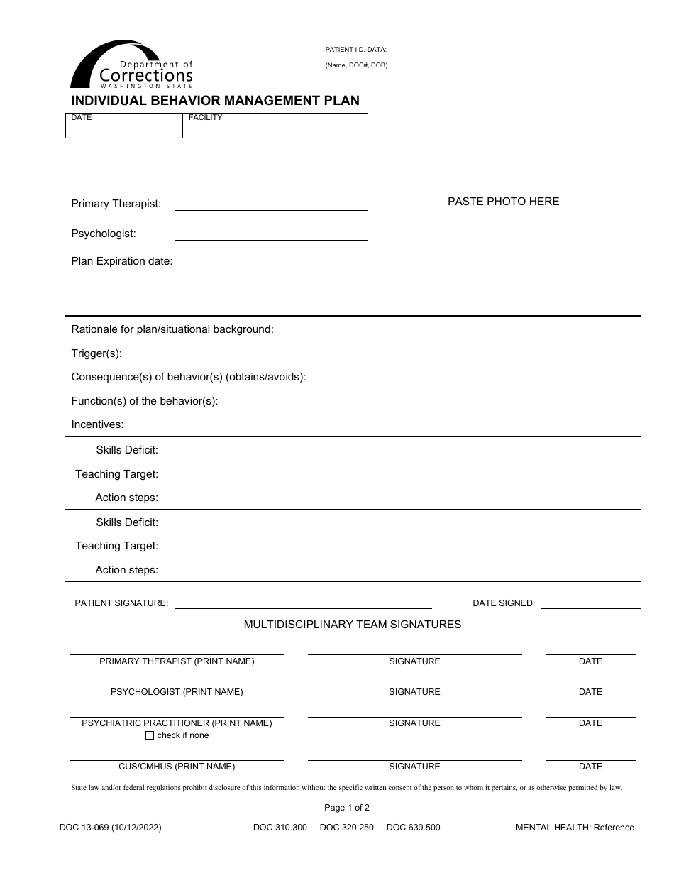 Form DOC13-069 Individual Behavior Management Plan - Washington, Page 1