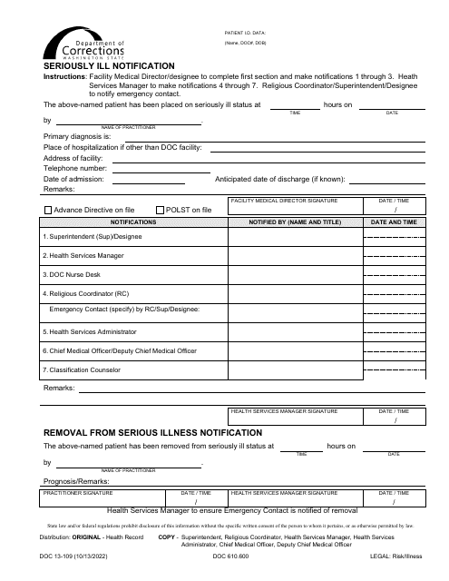Form DOC13-109  Printable Pdf