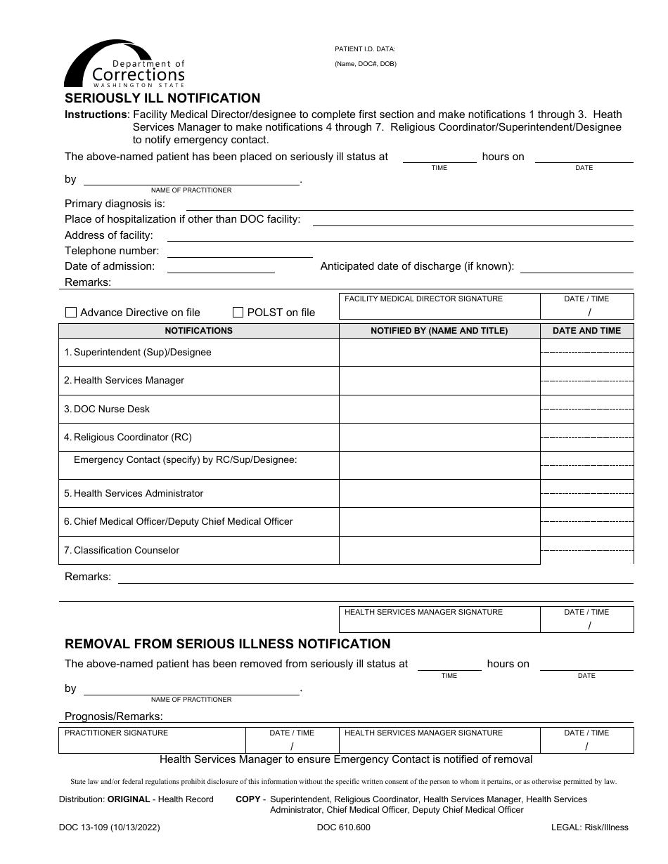 Form DOC13-109 Seriously Ill Notification - Washington, Page 1