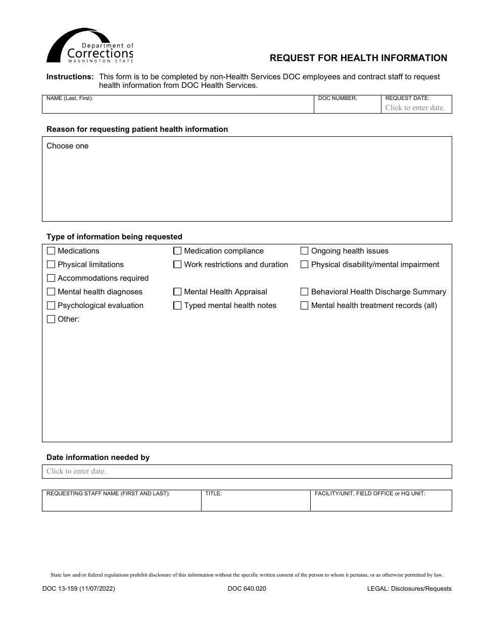 Form DOC13-159 Request for Health Information - Washington, Page 1