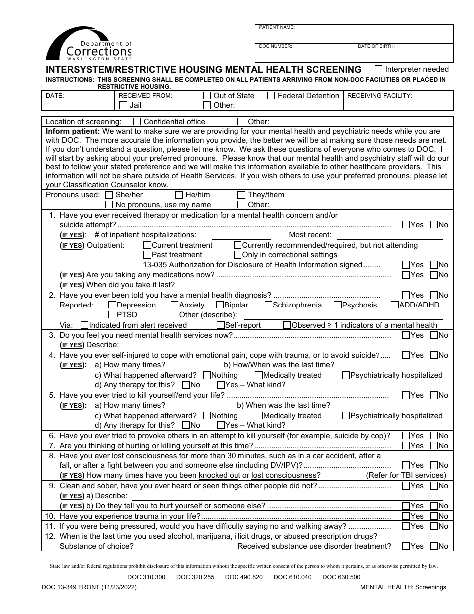 Form DOC13-349 Intersystem / Restricted Housing Mental Health Screening - Washington, Page 1