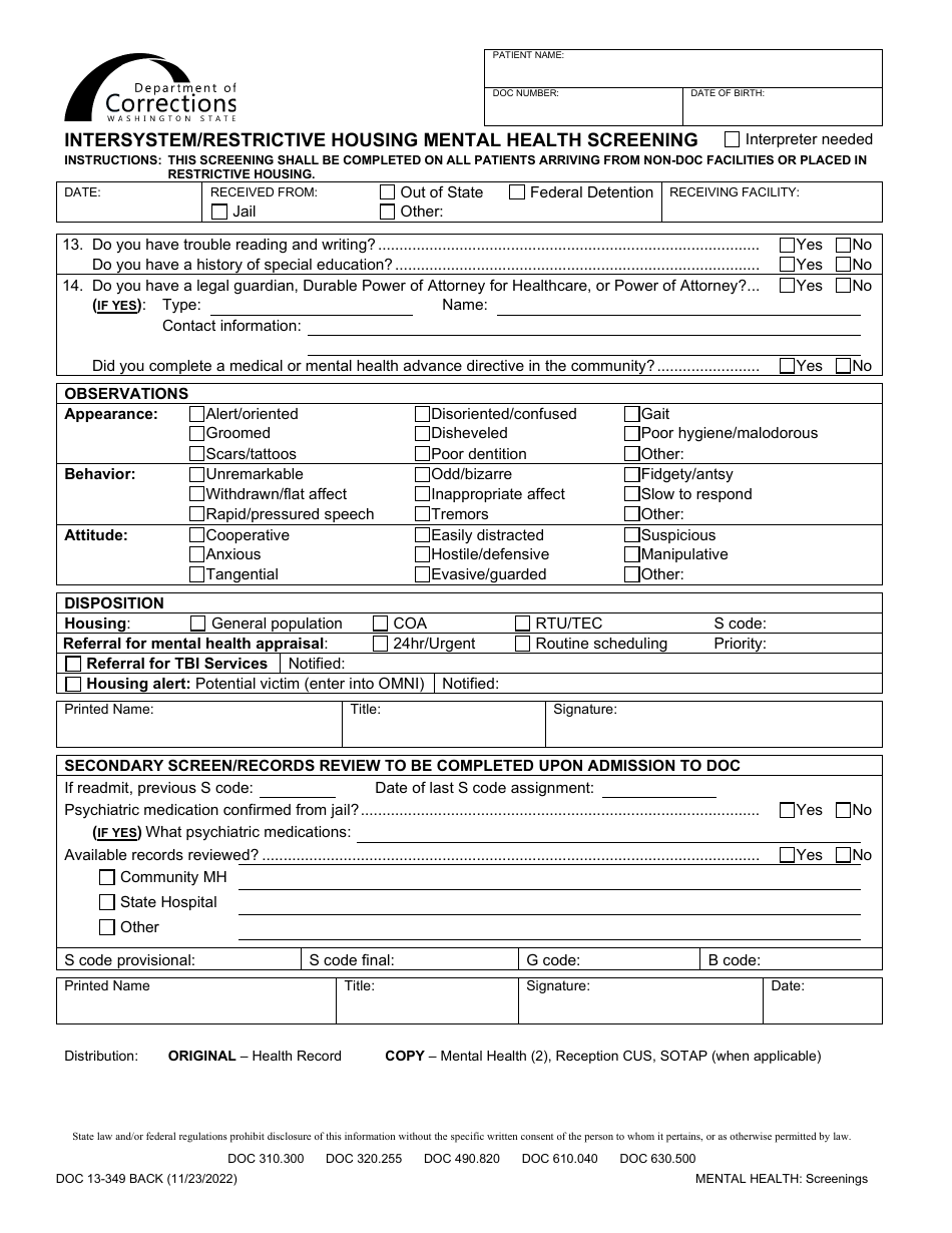 Form DOC13-349 Intersystem / Restricted Housing Mental Health Screening - Washington, Page 2