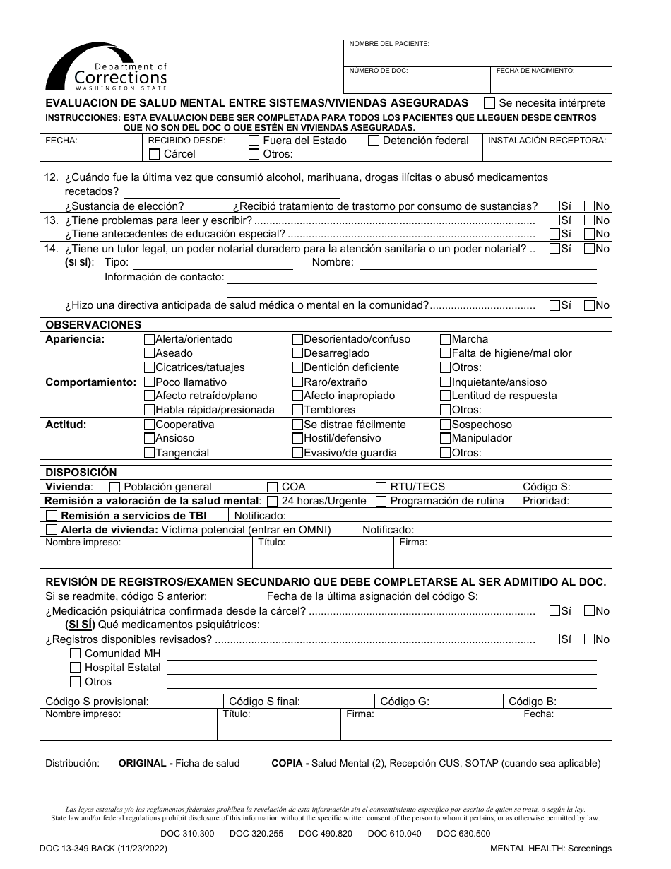 Formulario DOC13-349S Evaluacion De Salud Mental Entre Sistemas / Viviendas Aseguradas - Washington (Spanish), Page 2