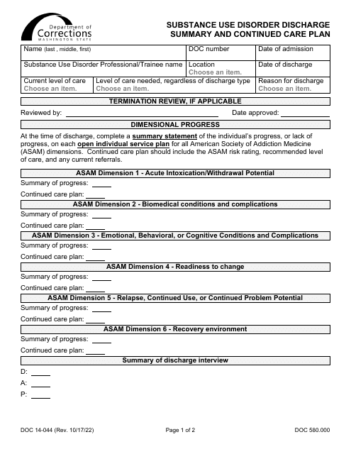 Form DOC14-044 Substance Use Disorder Discharge Summary and Continued Care Plan - Washington