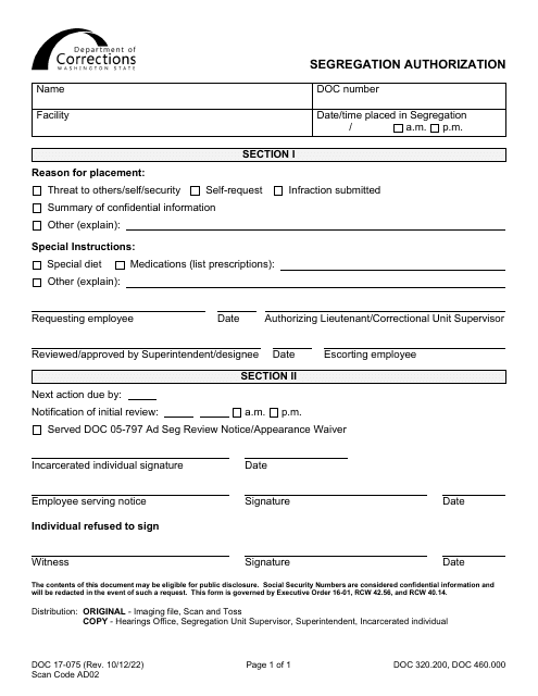Form DOC17-075  Printable Pdf