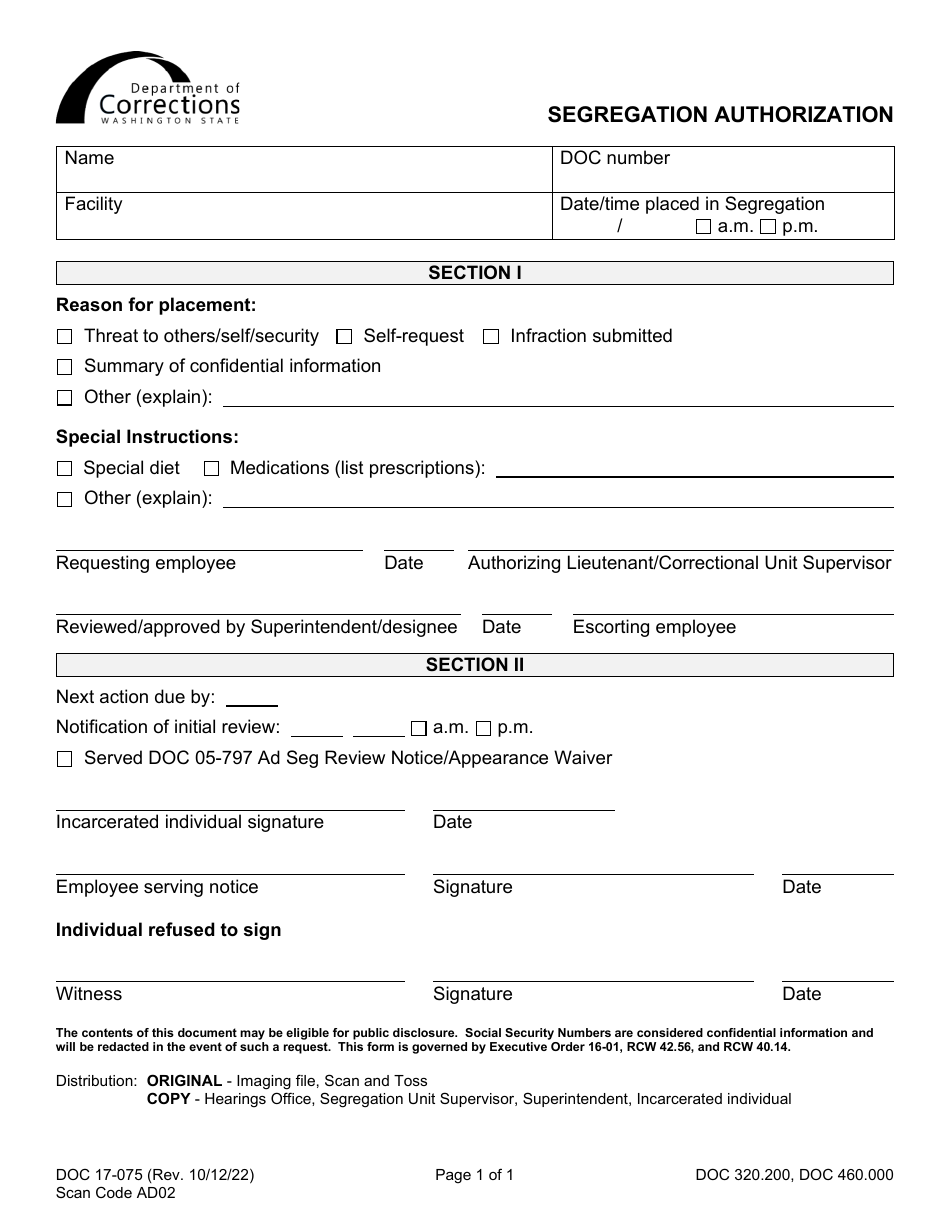 Form DOC17-075 Segregation Authorization - Washington, Page 1