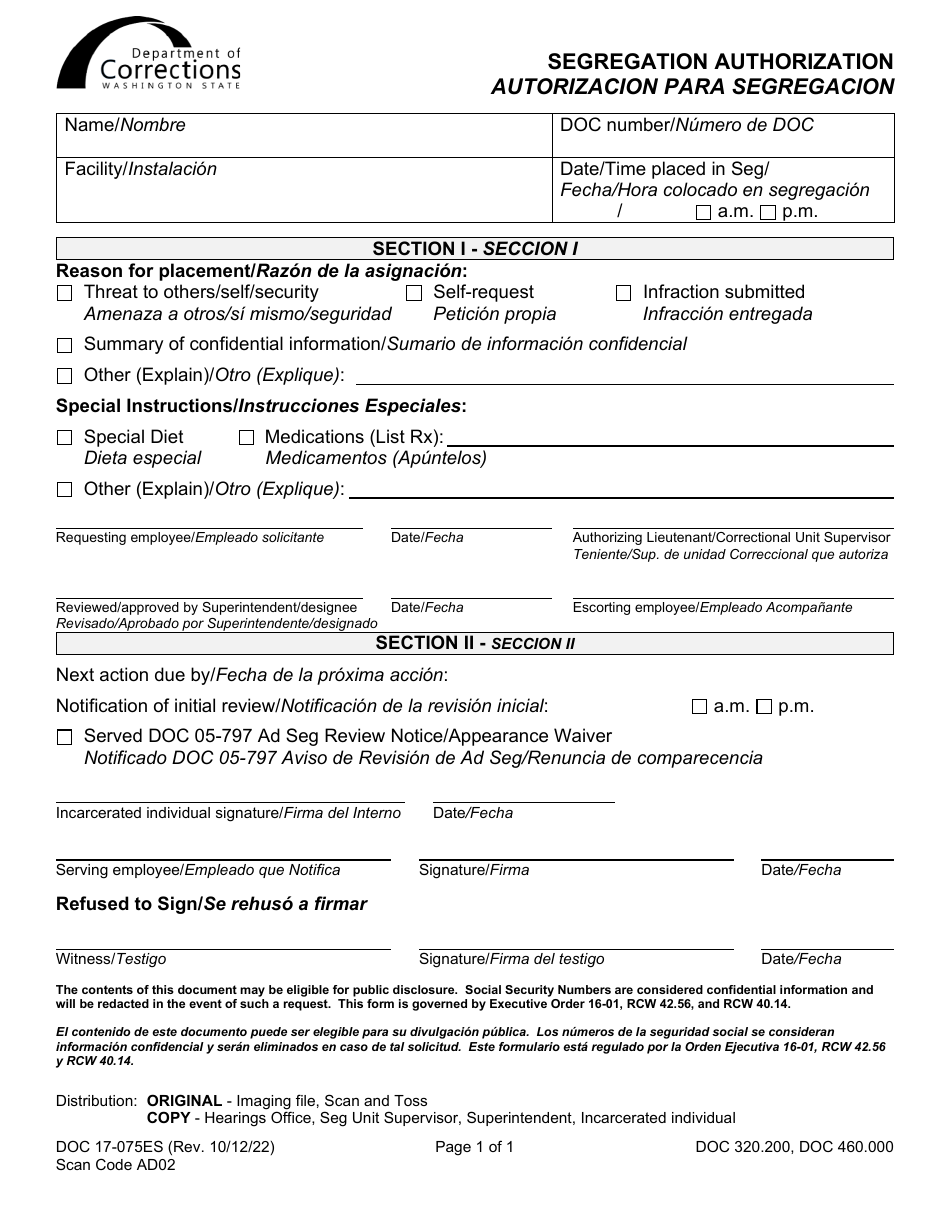 Form DOC17-075ES Segregation Authorization - Washington (English / Spanish), Page 1
