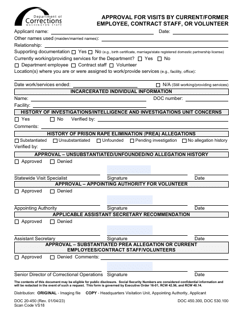Form DOC20-450 Approval for Visits by Current/Former Employee, Contract Staff, or Volunteer - Washington
